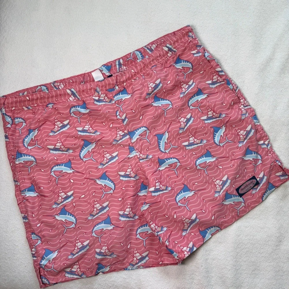 Vineyard Vines Mens Pink Marlin Boat Print Swim Trunks Board Shorts Size Large